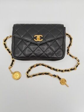CHANEL Authentic Vintage Quilted Lambskin Belt Bag with Emblem Tags Belt & Bag!